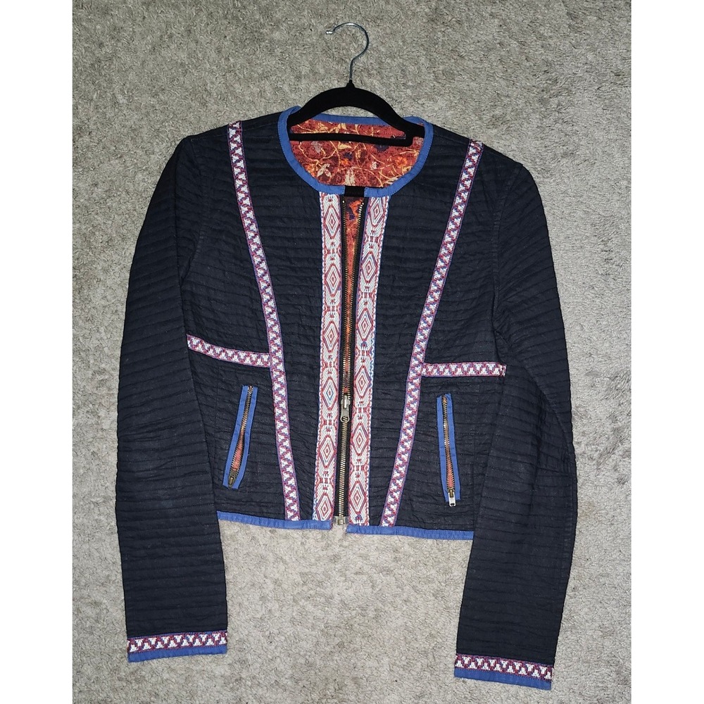 Womens Quilted Moto Jacket Black Embroidered Geometric Boho Floral Lined Cropped